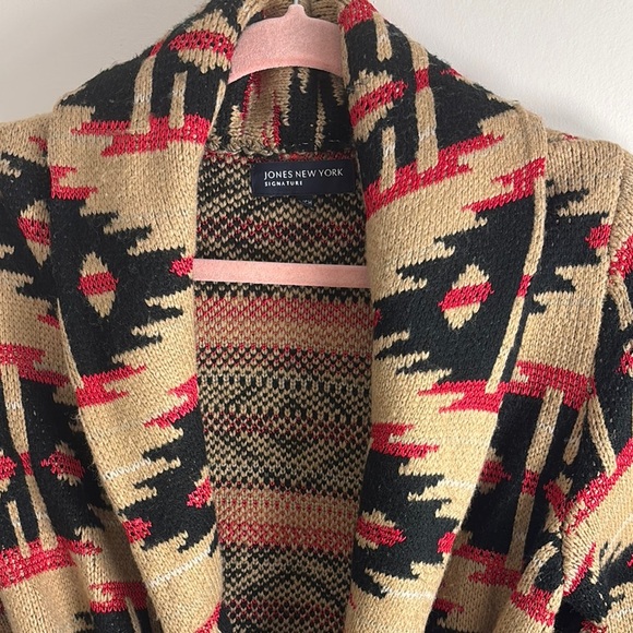Jones New York Black and Tan Wrap Cardigan with Geometric Pattern - Picture 2 of 3
